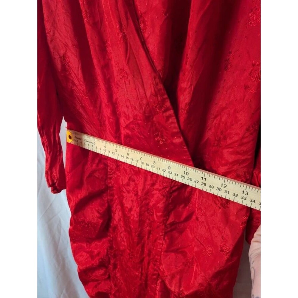 True Vintage 80s Red Silky Puff Sleeve Ruched Midi Dress - No Size-Best Fit XXS - Picture 10 of 10